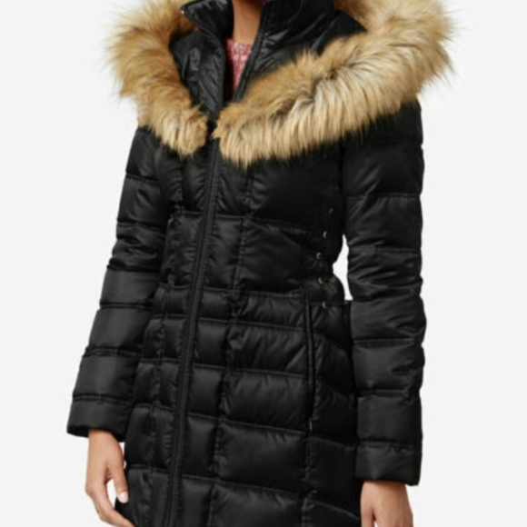 Betsey Johnson Black Faux Fur Trim Hood Lace Up Puffer Coat Jacket. - Picture 2 of 16